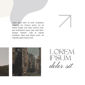 May include: A black and white photo of a city street with tall buildings. The photo is in a square frame and has a vintage look. The text "LOREM IPSUM dolor sit" is in a modern font.