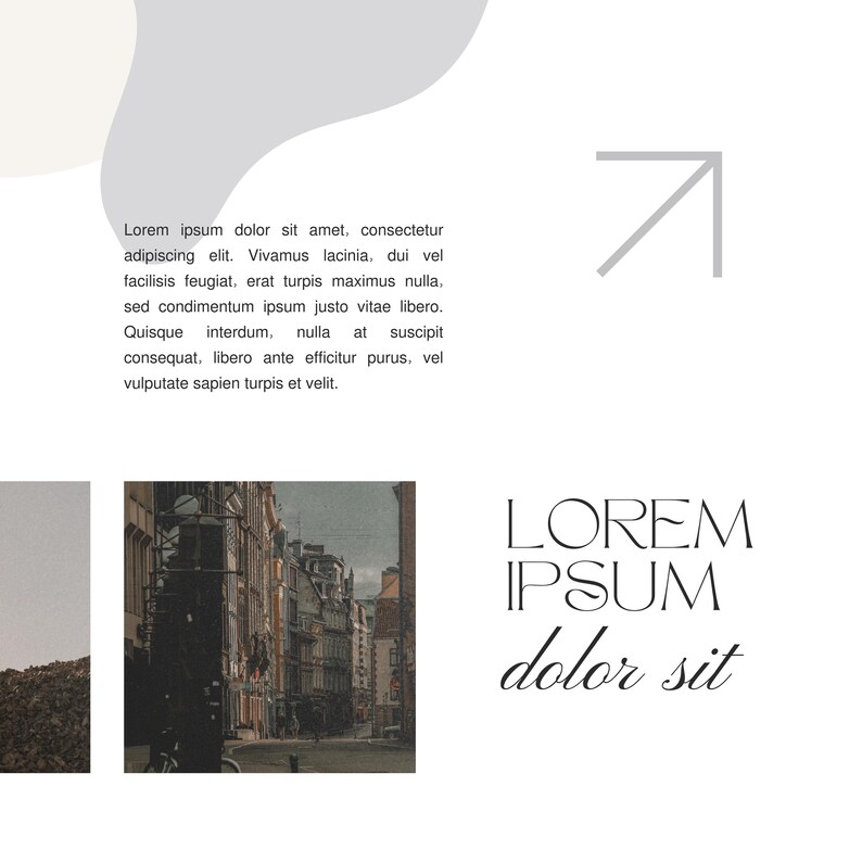 May include: A black and white photo of a city street with tall buildings. The photo is in a square frame and has a vintage look. The text "LOREM IPSUM dolor sit" is in a modern font.
