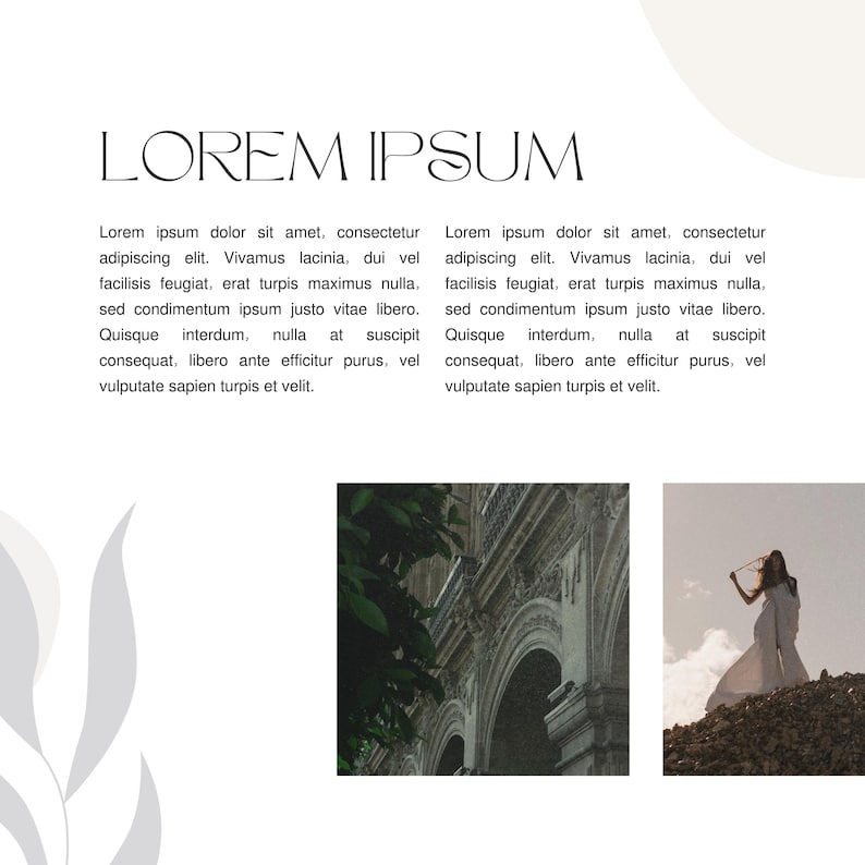 May include: A collage of three images. The top image is a white background with text that reads "LOREM IPSUM". The text is in a black, serif font. The middle image is a close-up of a building with arched doorways and a green leafy tree in the foreground. The bottom image is a woman in a white dress standing on a rocky hill with a blue sky and white clouds in the background.
