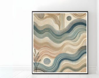 Arte astratta minimalista Boho - Design a onde blu e neutre con accenti botanici - Download digitale