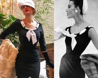 May include: A black dress with a white bow at the neckline. The dress is fitted and has a skirt that falls to the knees. The dress is shown on two models, one in color and one in black and white. The text "heartmyclose Jane dress" is visible at the bottom of the image.