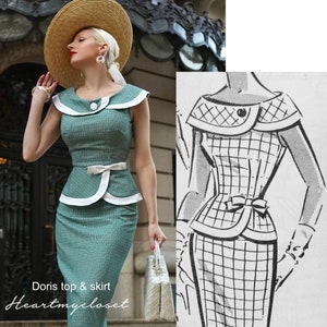 DORIS suit - vintage 1950s suit with pencil skirt - checkered pattern