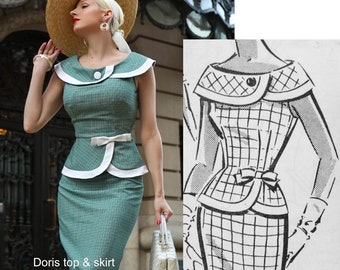 DORIS suit - vintage 1950s suit with pencil skirt - checkered pattern