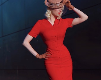 Vestido de sirena roja con efecto tie-dye, estilo retro de los años 50, estilo pin-up a medida.