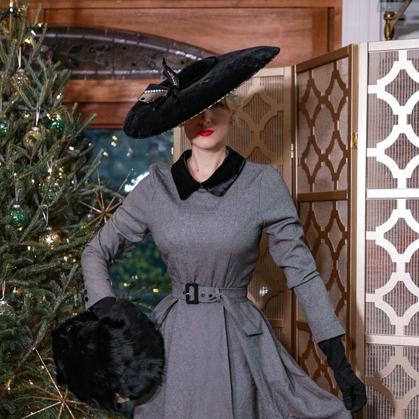 Vestido gris estilo swing de Kate Middleton, inspirado en celebridades, hecho a medida.