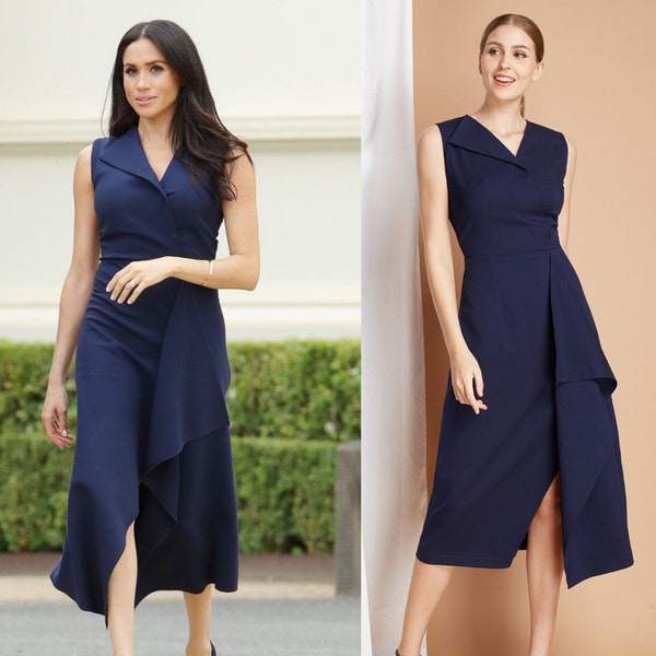 Robe midi drapée bleu marine de la duchesse Meghan Markle inspirée des célébrités