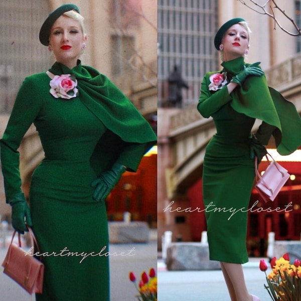 Meghan Markle inspired GREEN dress custom made pencil with SEMI CAPE