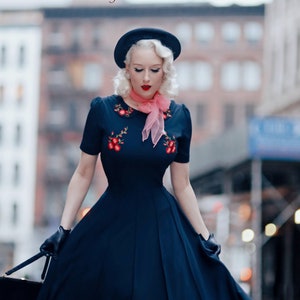 FIONA vintage inspired 50s dress navy with embroidery custom made