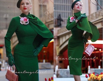 Meghan Markle inspired GREEN dress custom made pencil with SEMI CAPE