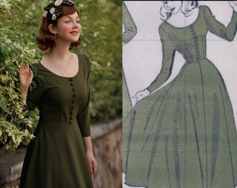 Clara - olive vintage swing dress 50s inspired custom made