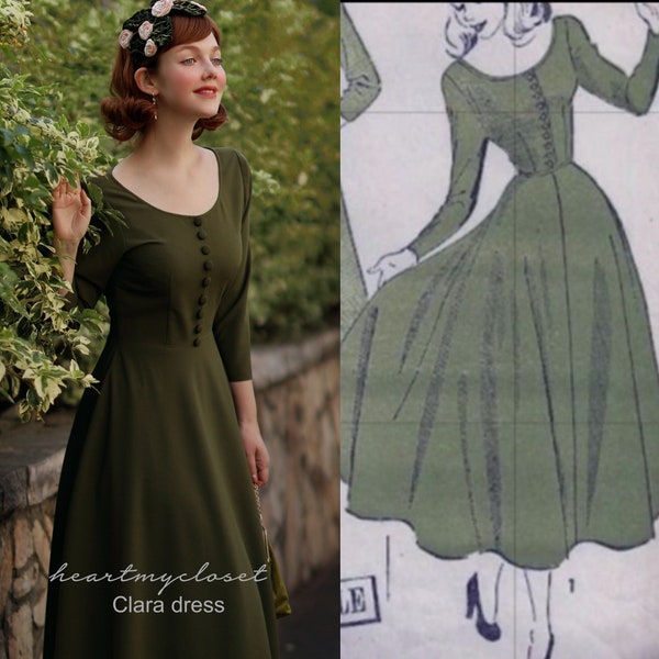 Clara - olive vintage swing dress 50s inspired custom made