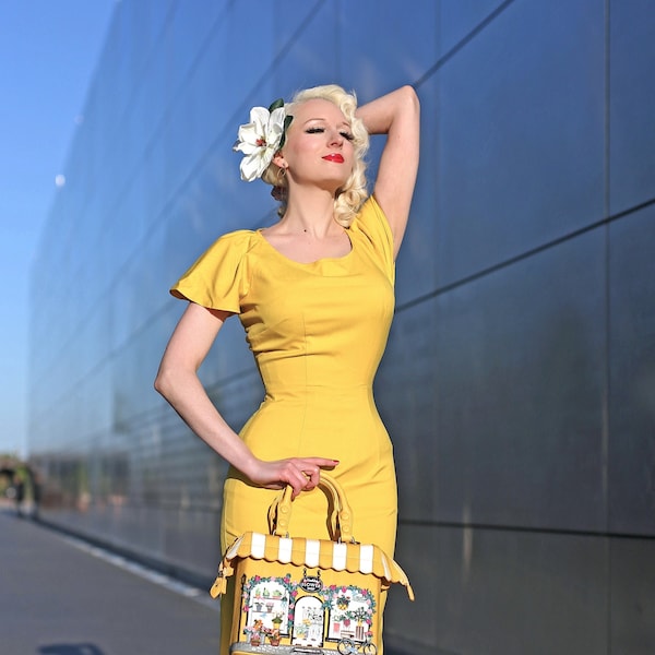 robe jaune kate middleton avec manches flottantes plissées rockabilly célébrité inspirée sur mesure