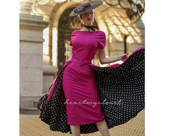 polkadot ROSE pencil dress + removable skirt wrap/ custom made all sizes 40s 50s inspiration