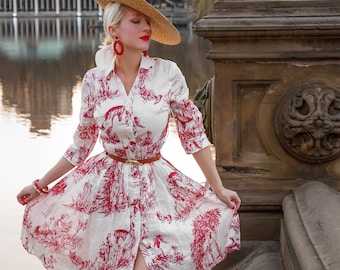 100% LINEN - red Toile De Jouy shirt dress