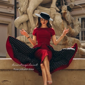 dark RED polkadot Rose pencil dress removable skirt wrap/ custom made all sizes 40s 50s image 1