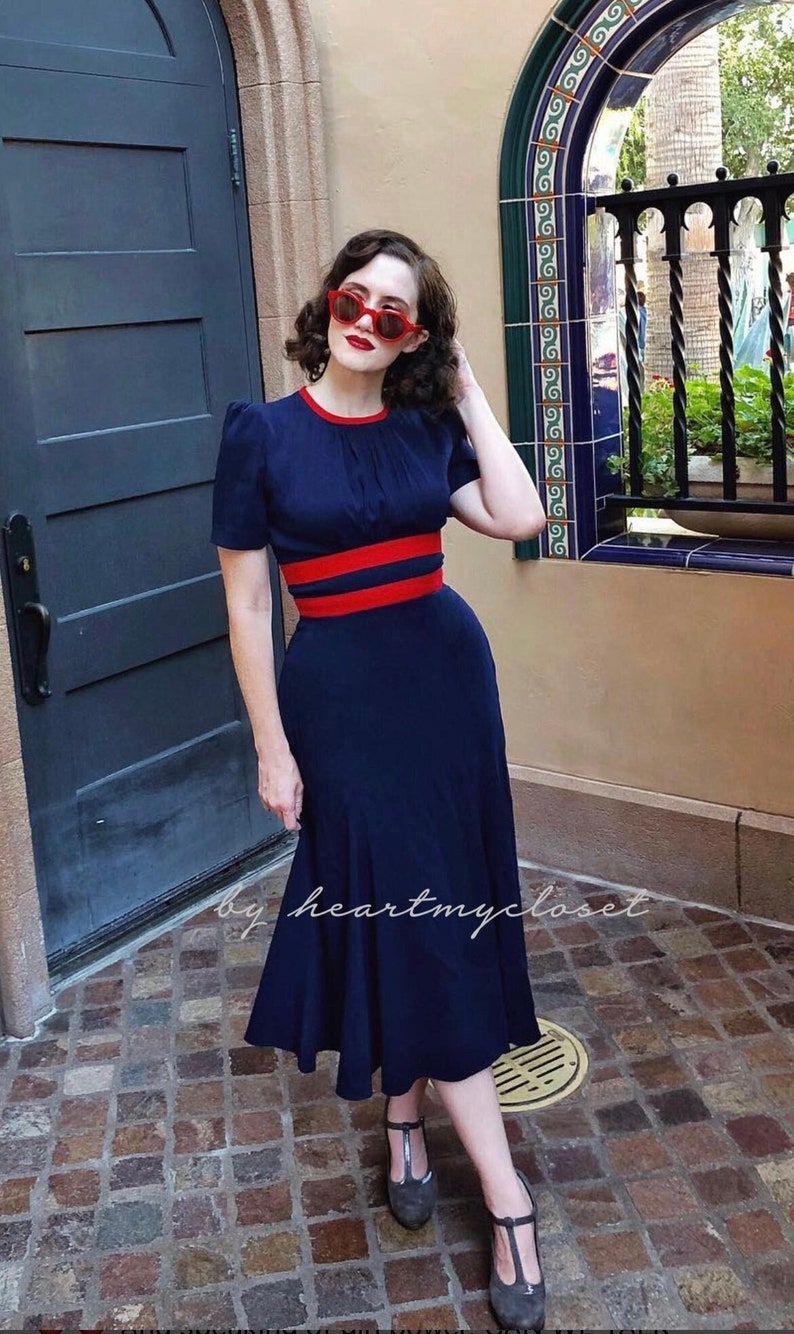 Agent Peggy Carter Costume, Dresses, Hats Agent Carter cosplay swing dress striped custom made blue iconic $98.00 AT vintagedancer.com