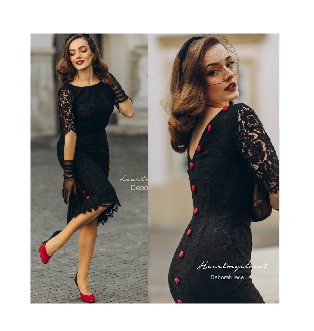 Lace Deborah pencil pleated button back- vintage dress inspired custom made