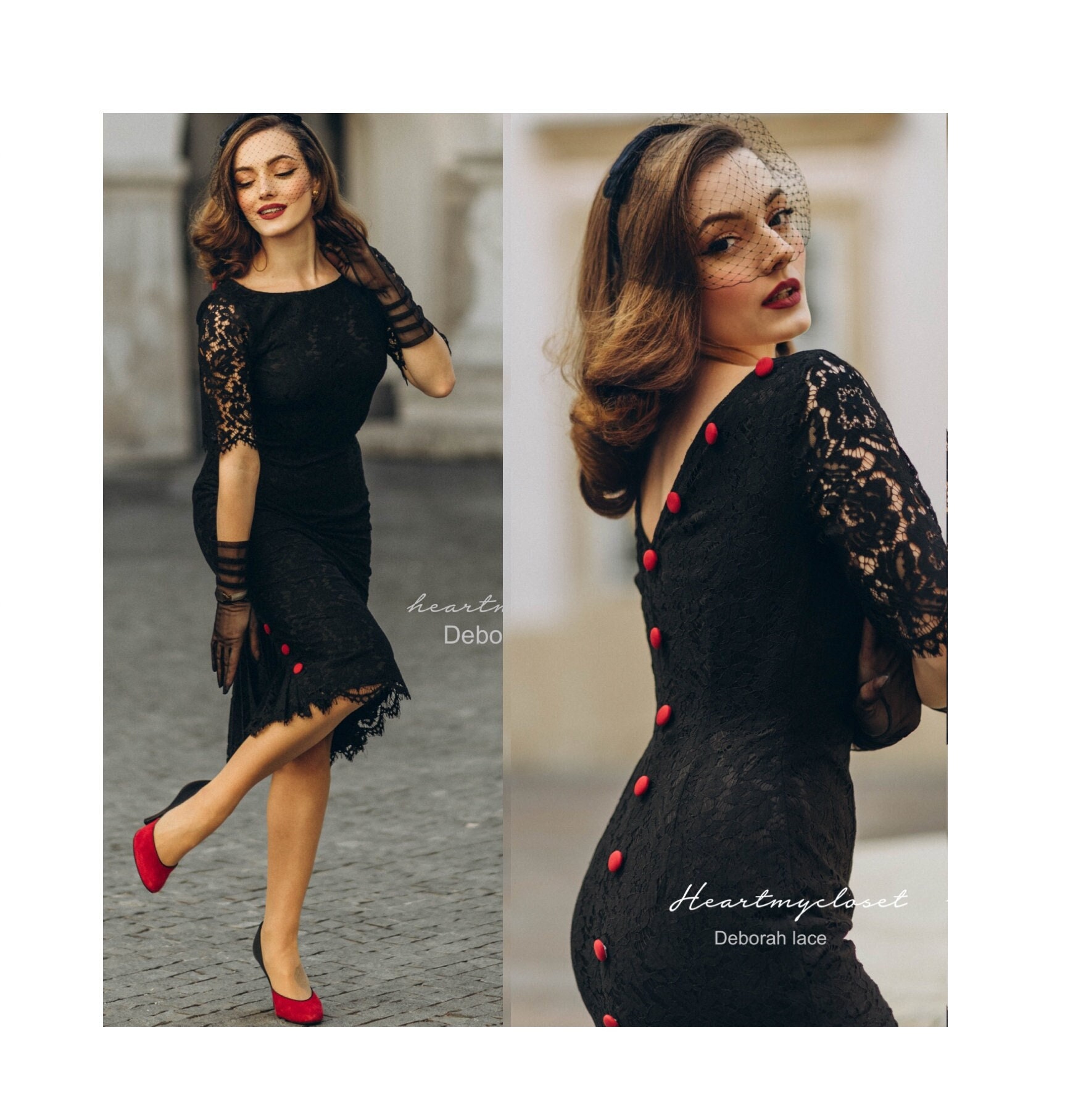 Lace Deborah pencil pleated button back- vintage dress inspired custom made Lace Deborah pencil pleated button back- vintage dress inspired custom made