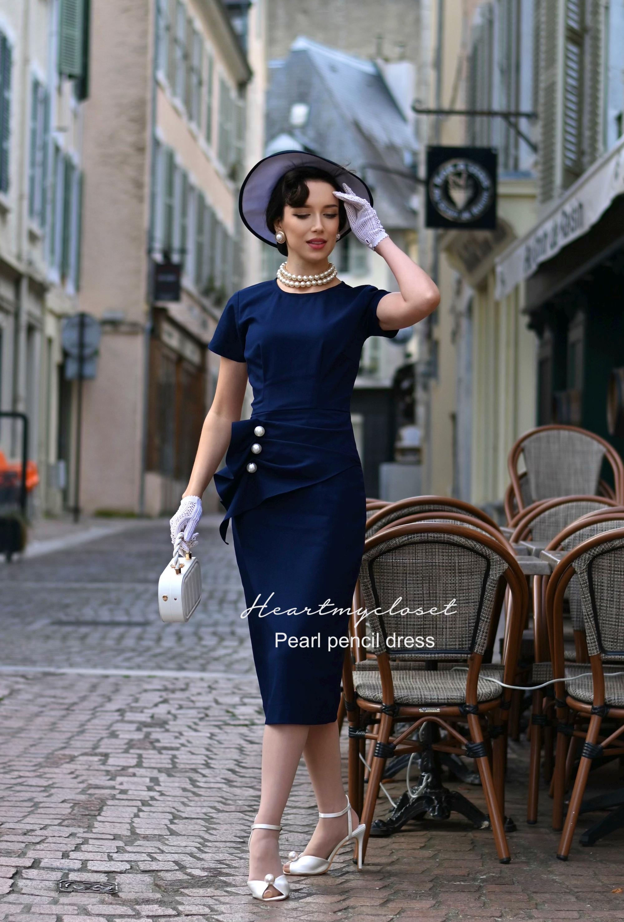 navy blue pencil dress navy pearl dress vintage inspired custom made all sizes