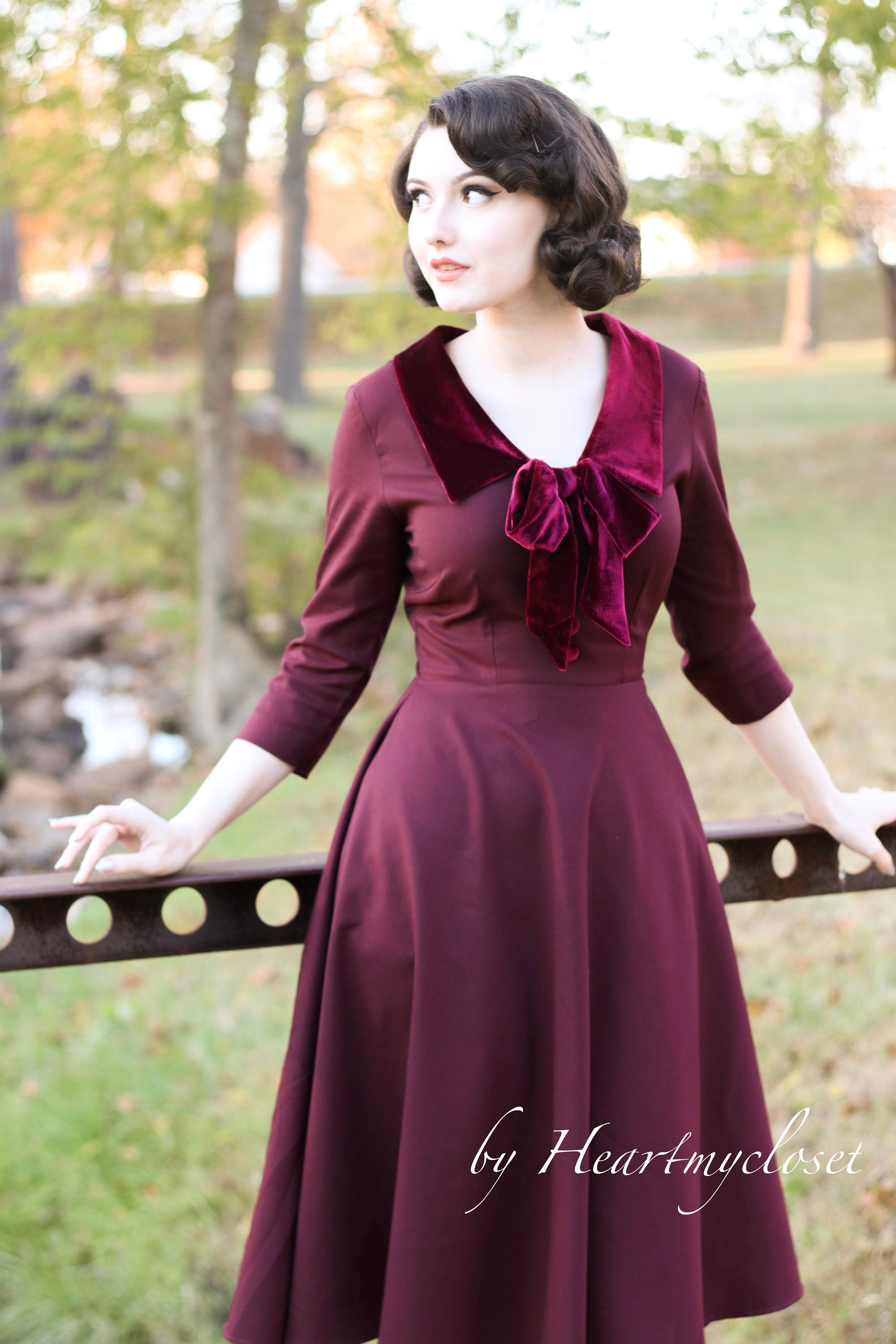 velvet trim swing dress rockabilly 50s custom made vintage inspired
