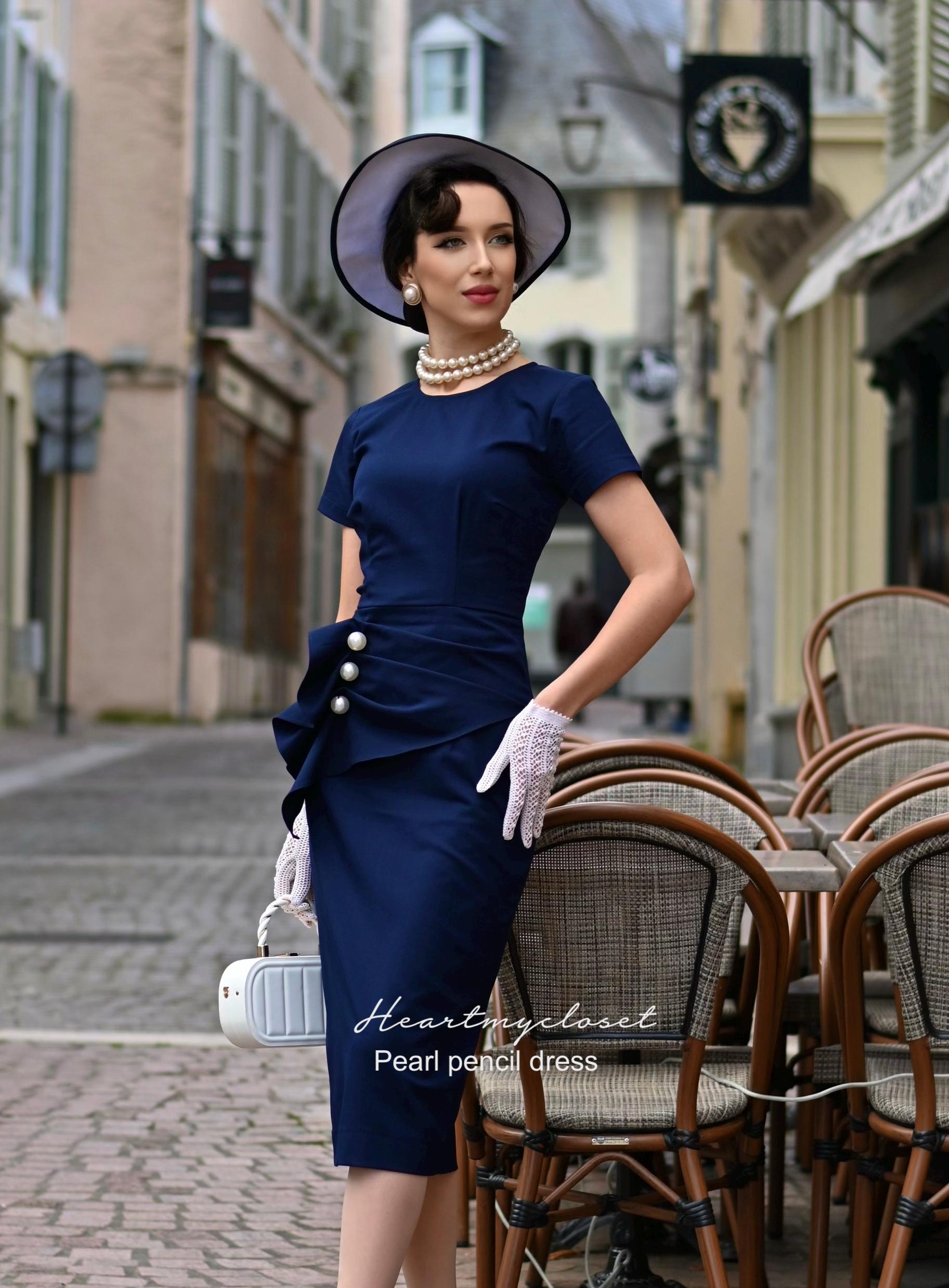 navy blue dress with pearls Dark Blue And Pearls Embroidered Dress