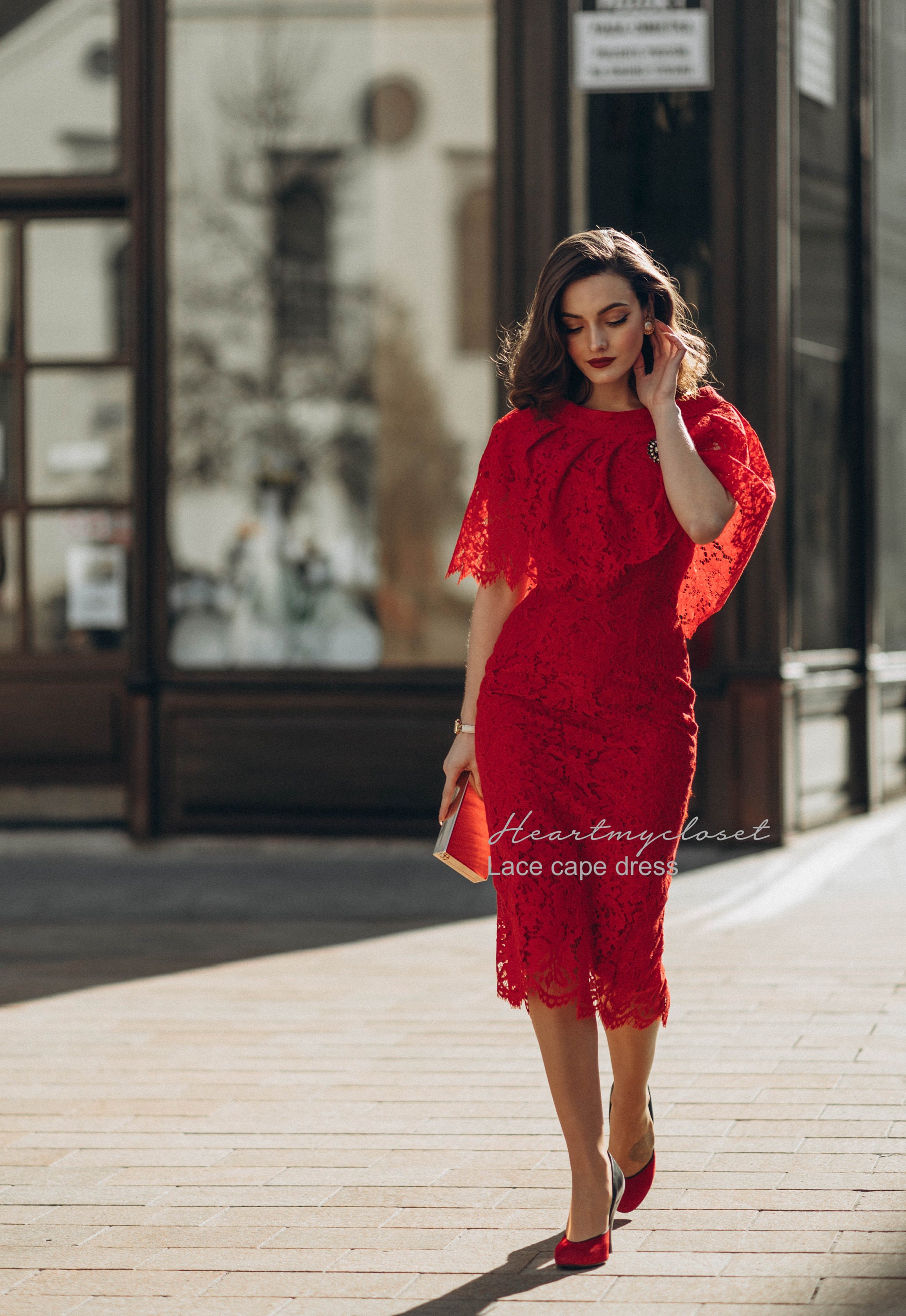 Red cape + pencil dress inspired from a beautiful Design custom made all sizes