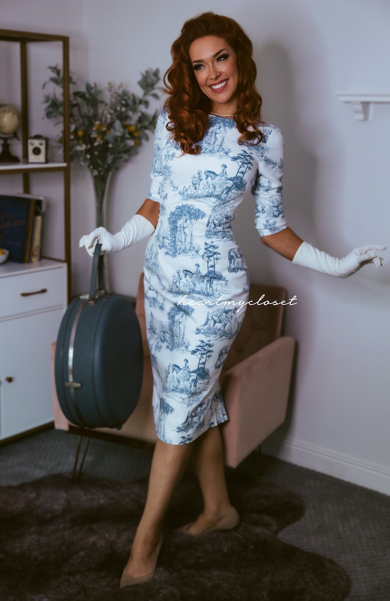 long sleeve Toile De Jouy Deborah pencil pleated button back vintage inspired custom image 2