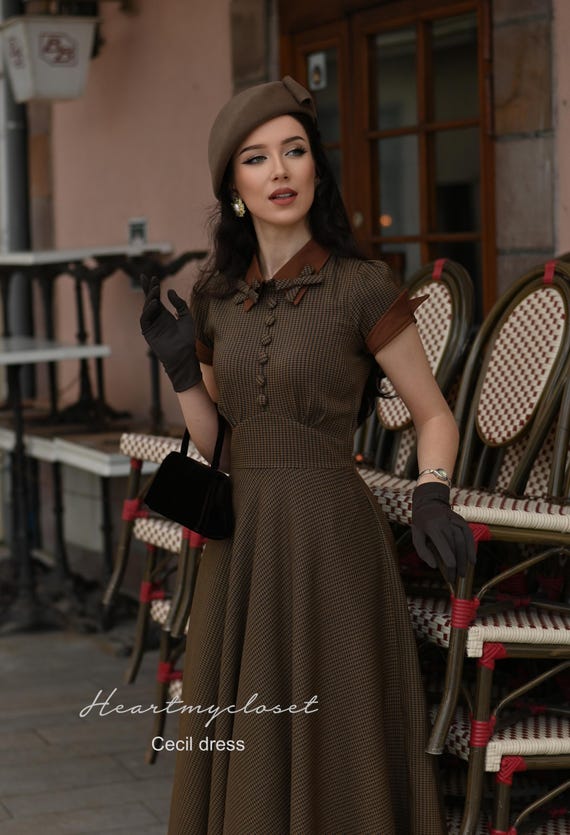 セミノール　エプロン　vintage 50s CECIL Custom Made Vintage Inspired - Brown Houndstooth 1950s Dress