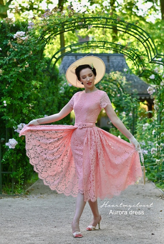green lace aurora dress Pink Pencil + Removable Skirt Wrap / 1950s Vintage Inspired CORSET