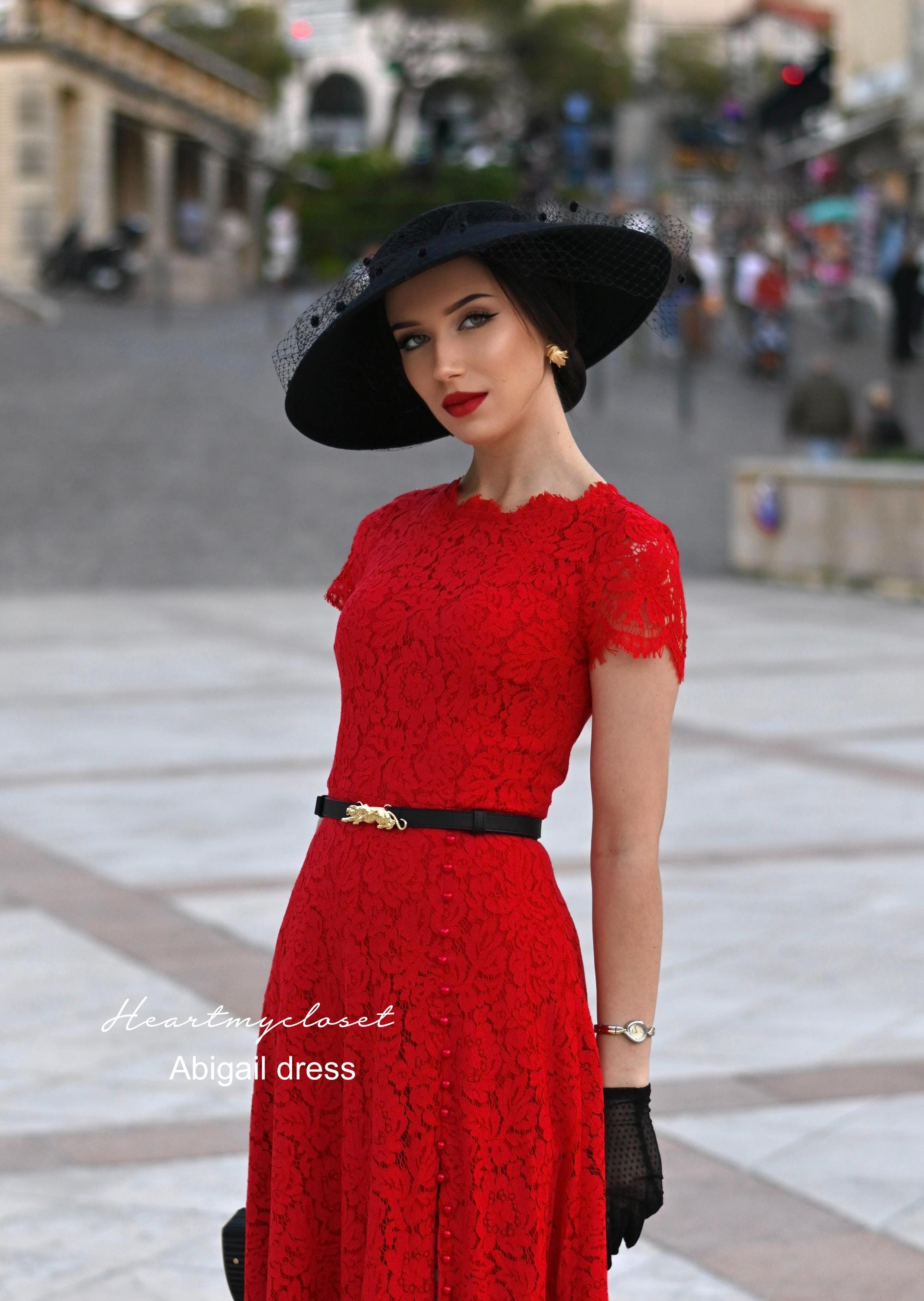 ABIGAIL red lace dress with pearl buttons Aline dress rockabilly custom made