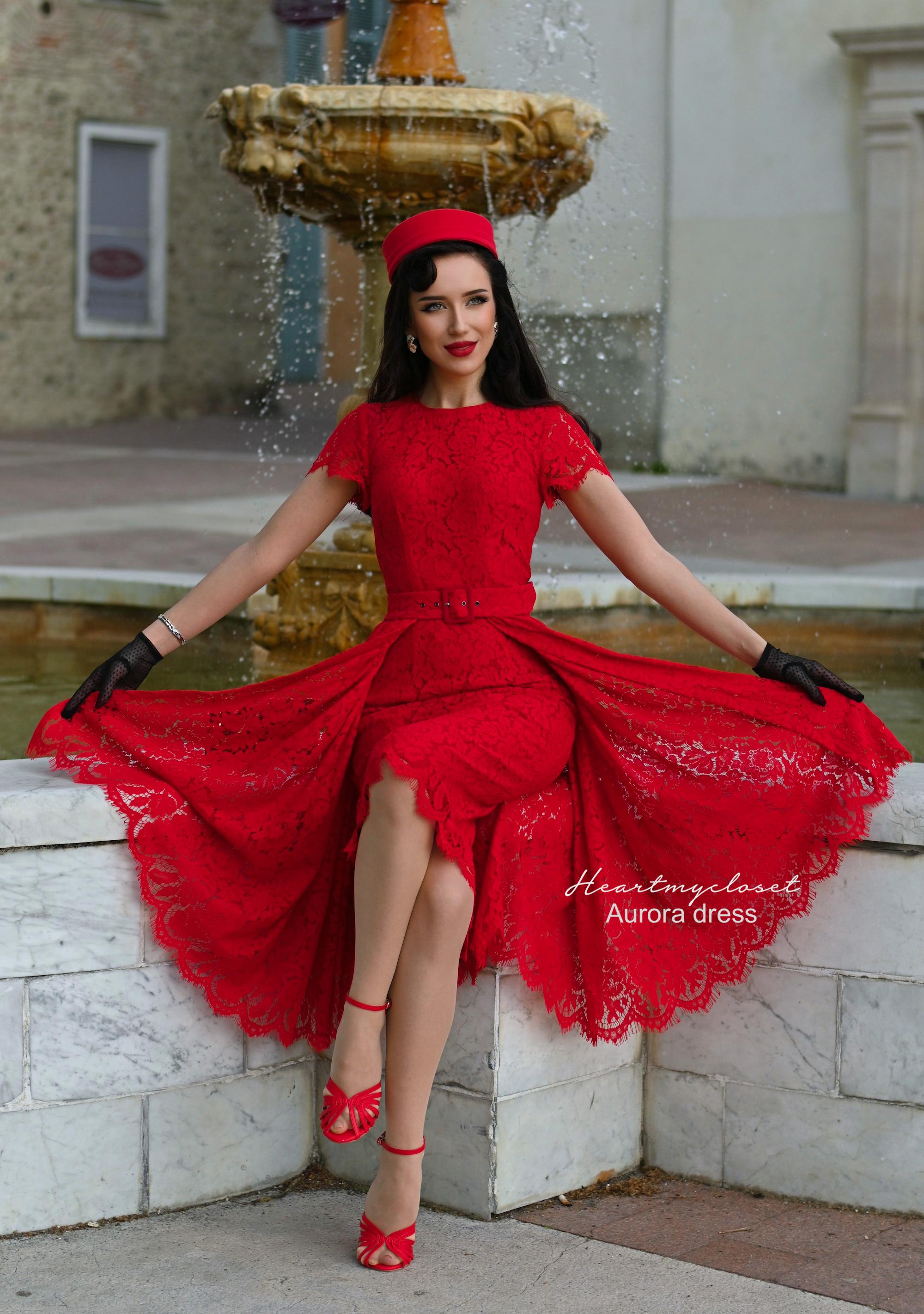 red lace pencil dress Red Lace AURORA pencil dress + removable skirt wrap / 1950s vintage inspired