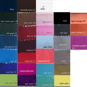 May include: A color chart with 24 fabric swatches, each labeled with a color name and a number. The colors include navy, chocolate brown, off white, dark hunter green, dark brown, light pink, black, light orange, leaf green, pink, dark grey, dark orange, dark red, light grey, teal/peacock, pale blue, medium purple, burgundy, blue, bright red, coral pink, khaki, royal blue, medium/dark pink, light blue, mustard, light green, dark purple, turquoise, and bright yellow.