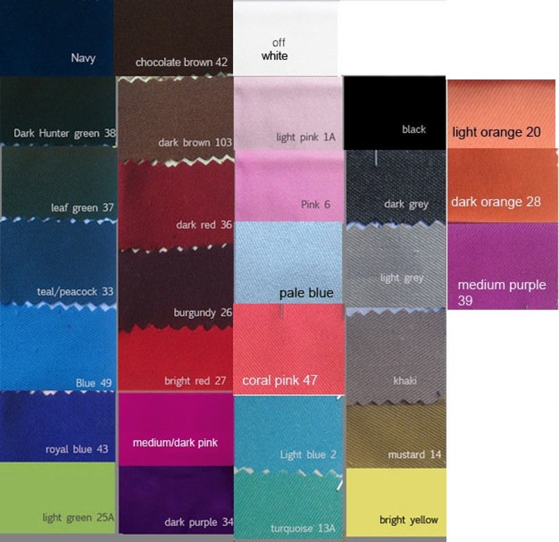 May include: A color chart with 24 fabric swatches, each labeled with a color name and a number. The colors include navy, chocolate brown, off white, dark hunter green, dark brown, light pink, black, light orange, leaf green, pink, dark grey, dark orange, dark red, light grey, teal/peacock, pale blue, medium purple, burgundy, blue, bright red, coral pink, khaki, royal blue, medium/dark pink, light blue, mustard, light green, dark purple, turquoise, and bright yellow.