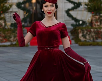 Vivien Red Velvet Pencil Dress Removable Skirt Wrap 1950s