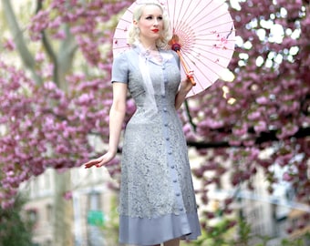 light grey crepe dress with lace overlay custom made Aline vintage inspired