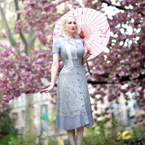 light grey crepe dress with lace overlay custom made Aline vintage inspired