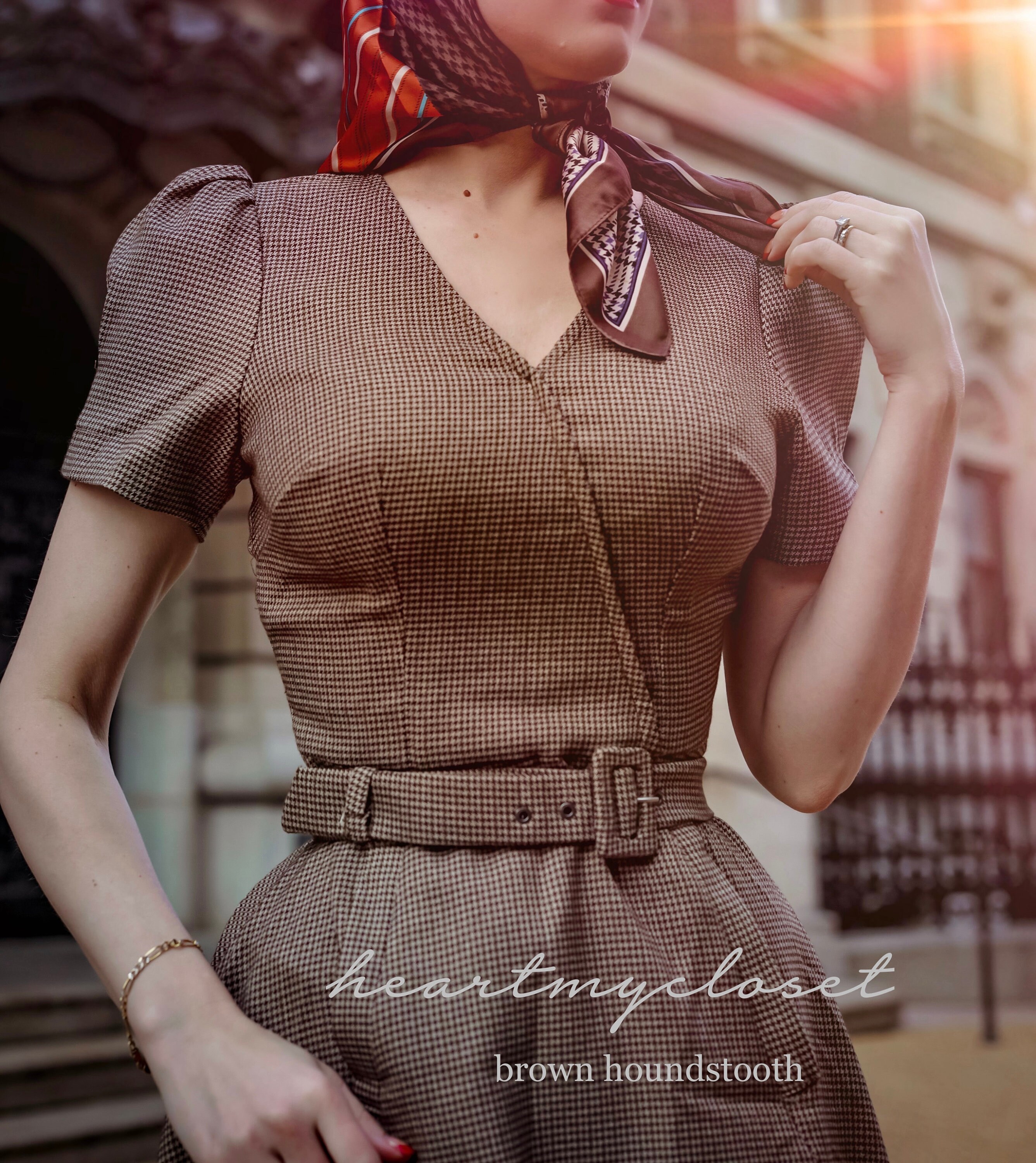 brown houndstooth dress Button Up Shoulder Pads Long Sleeve Crepe Collar, Case Dismissed Houndstooth Mini Dress in Brown, Size S, For Office