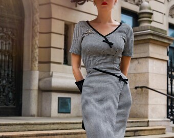 Hounsdtooth - Vintage Inspired Pencil Bow Dress Rockabilly Hounsdtooth - Vintage Inspired Pencil Bow Dress Rockabilly