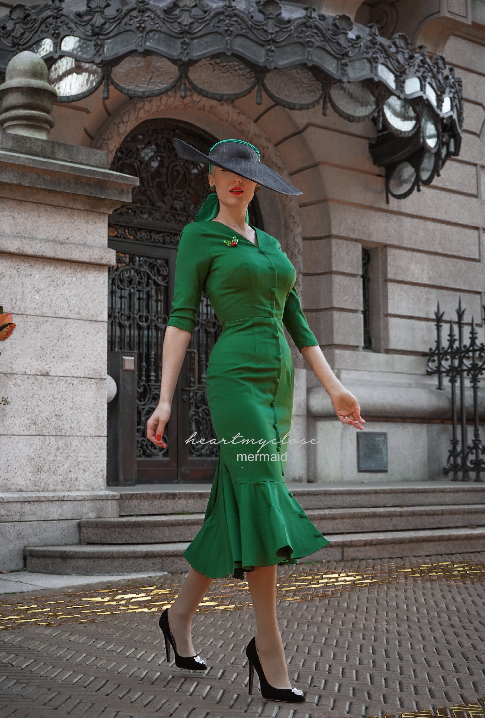 ◆JJ JIGOTT◆ Pearl Button Puff Mermaid Dress GR5A0OP591 Jade Mermaid Wiggle / Custom Made Dress Retro 50s Made to