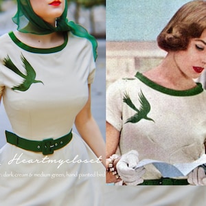 DIANA hand paint bird dress - swing or pencil dress custom made 1950s
