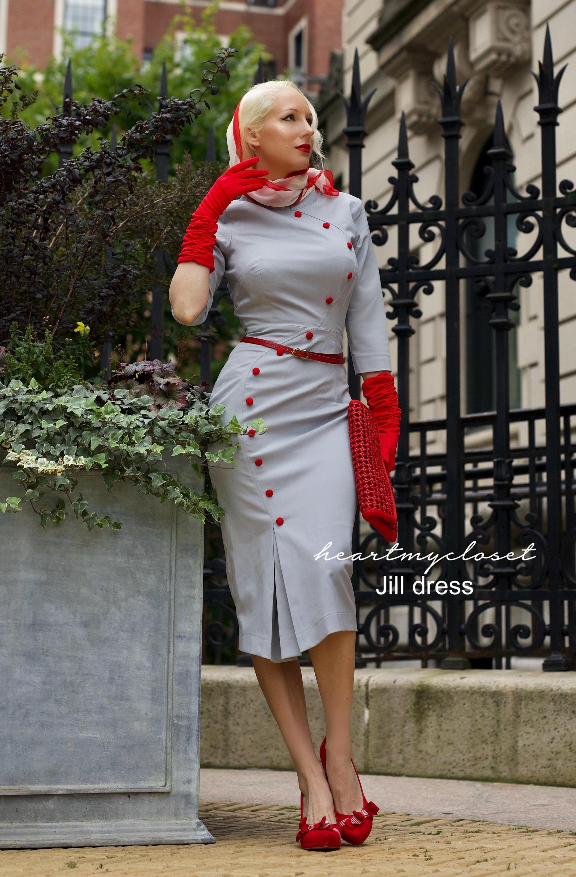 gray dress with red heels JILL