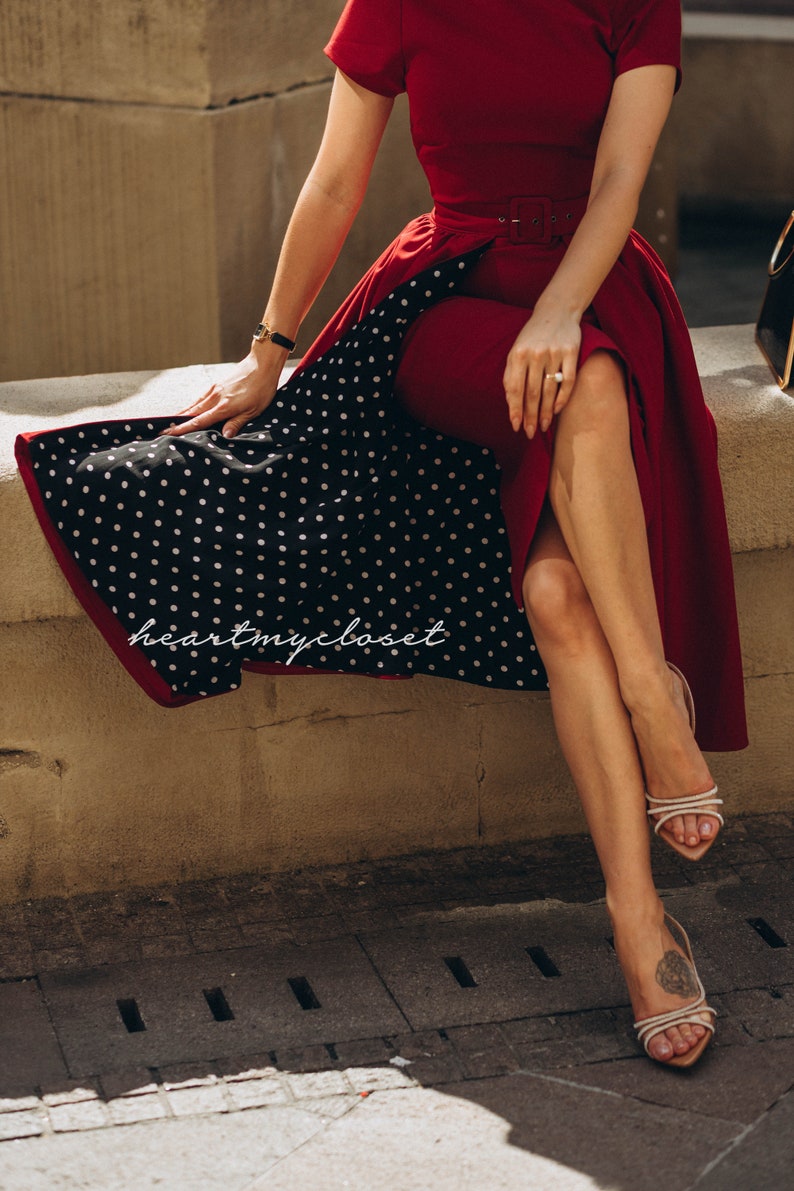 dark RED polkadot Rose pencil dress removable skirt wrap/ custom made all sizes 40s 50s image 3