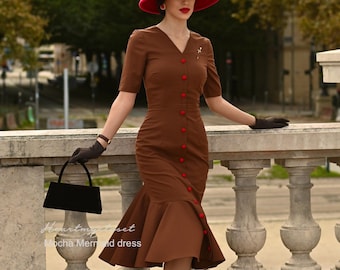 Vestido sirena moca con volantes / vestido a medida retro años 50 ropa pinup hecha a medida