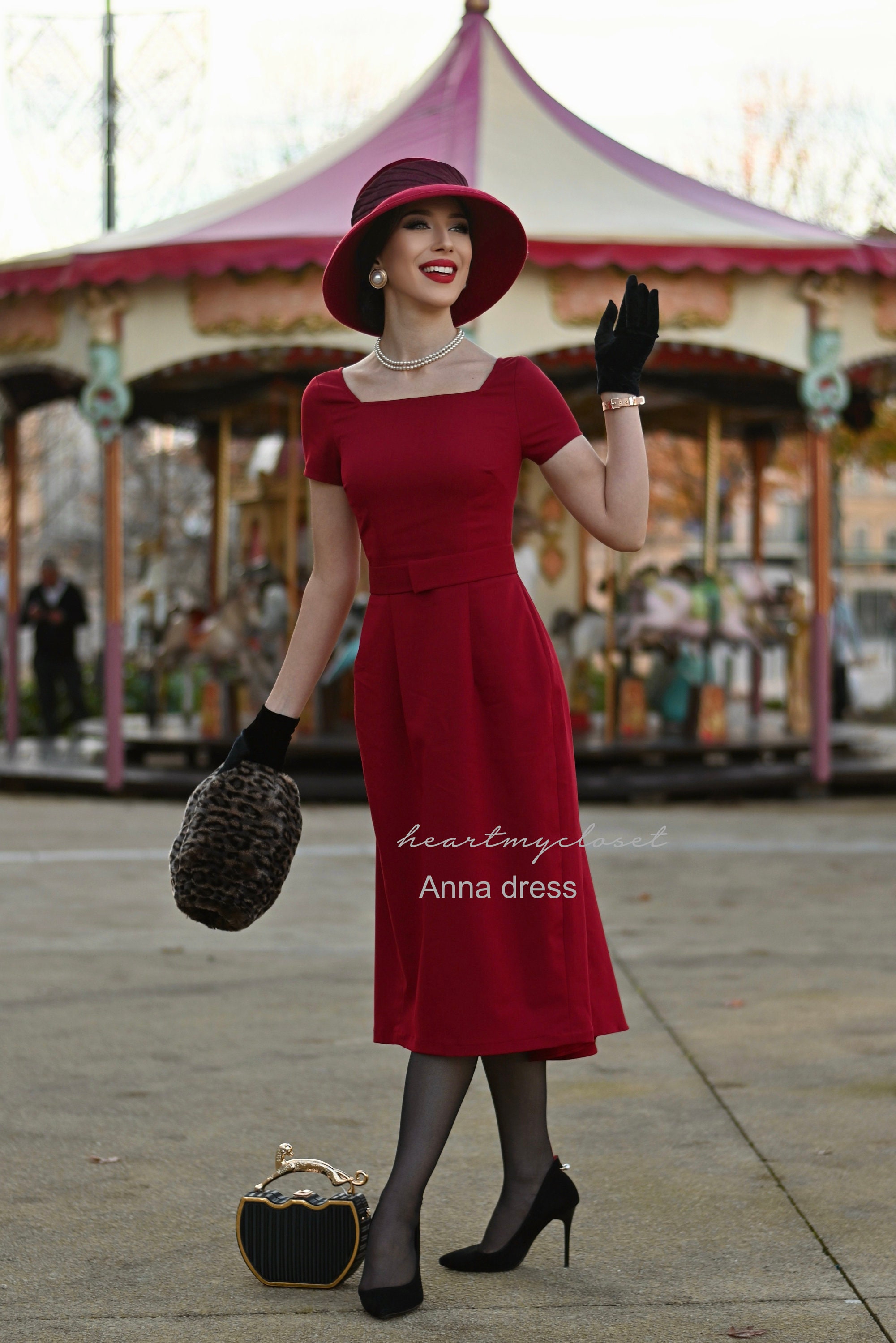 ANNA Red- 1950s Vintage Dress With Pleat at Back - Etsy