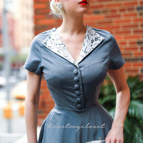 retro vintage dresses Xflwam Women's 1950s Audrey Retro Rockabilly Prom Dress Mock Neck Mesh Vintage Dresses 50's 60's A-Line Cocktail Party Swing Dress Dark Blue XXL, Size