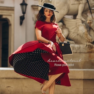 dark RED polkadot Rose pencil dress removable skirt wrap/ custom made all sizes 40s 50s image 2