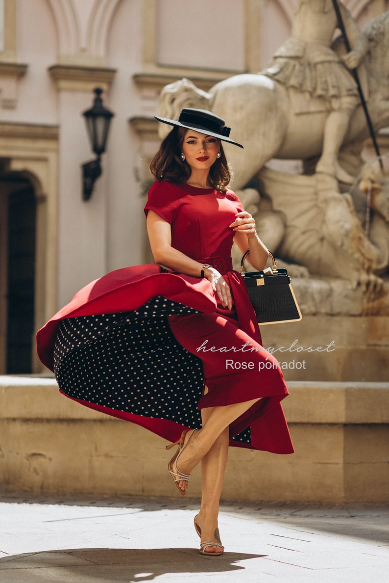 1950s Swing Dresses | 50s Swing Dress     dark RED polkadot Rose pencil dress + removable skirt wrap/ custom made all sizes 40s 50s  AT vintagedancer.com