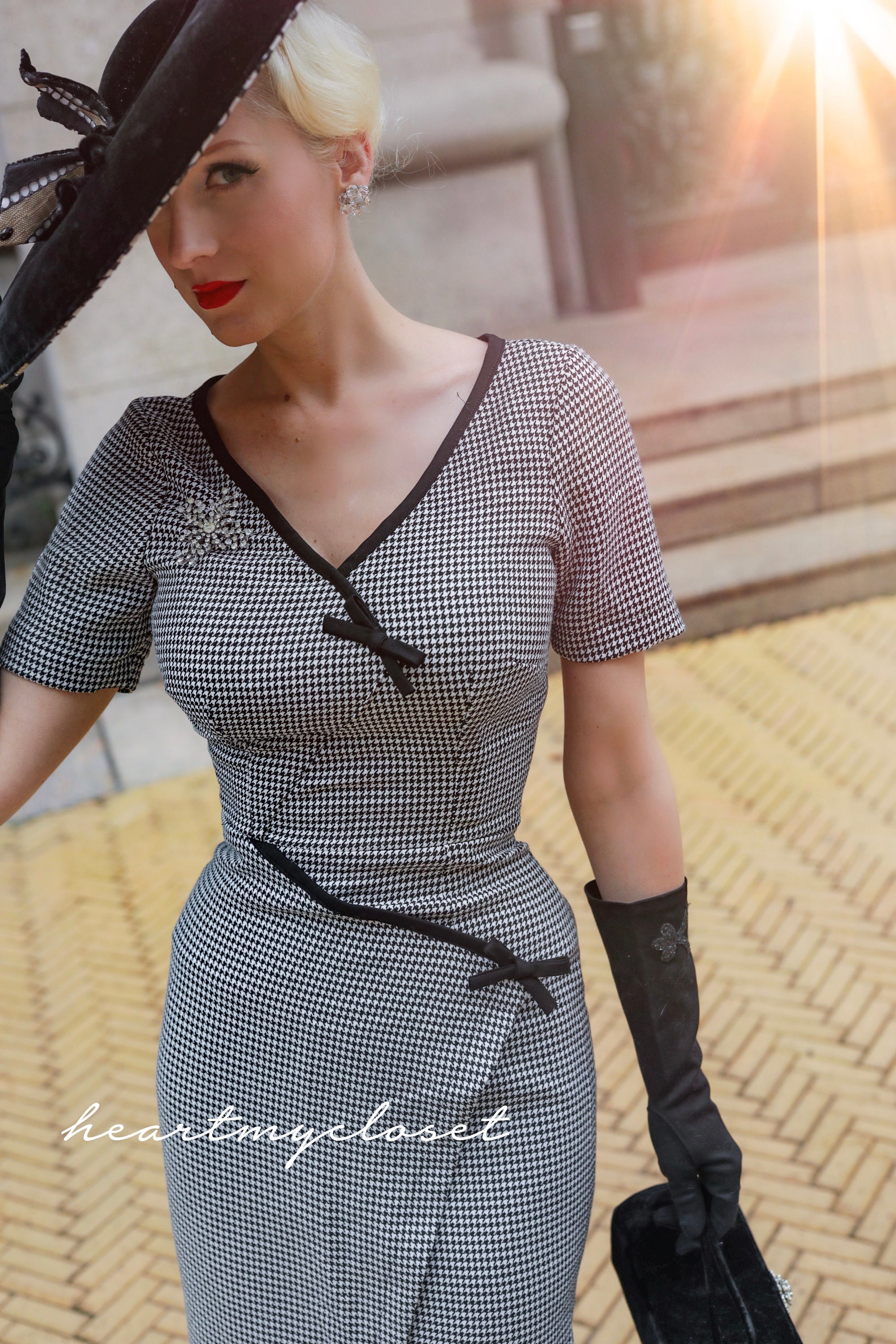 Hounsdtooth - Vintage Inspired Pencil Bow Dress Rockabilly Hounsdtooth - Vintage Inspired Pencil Bow Dress Rockabilly