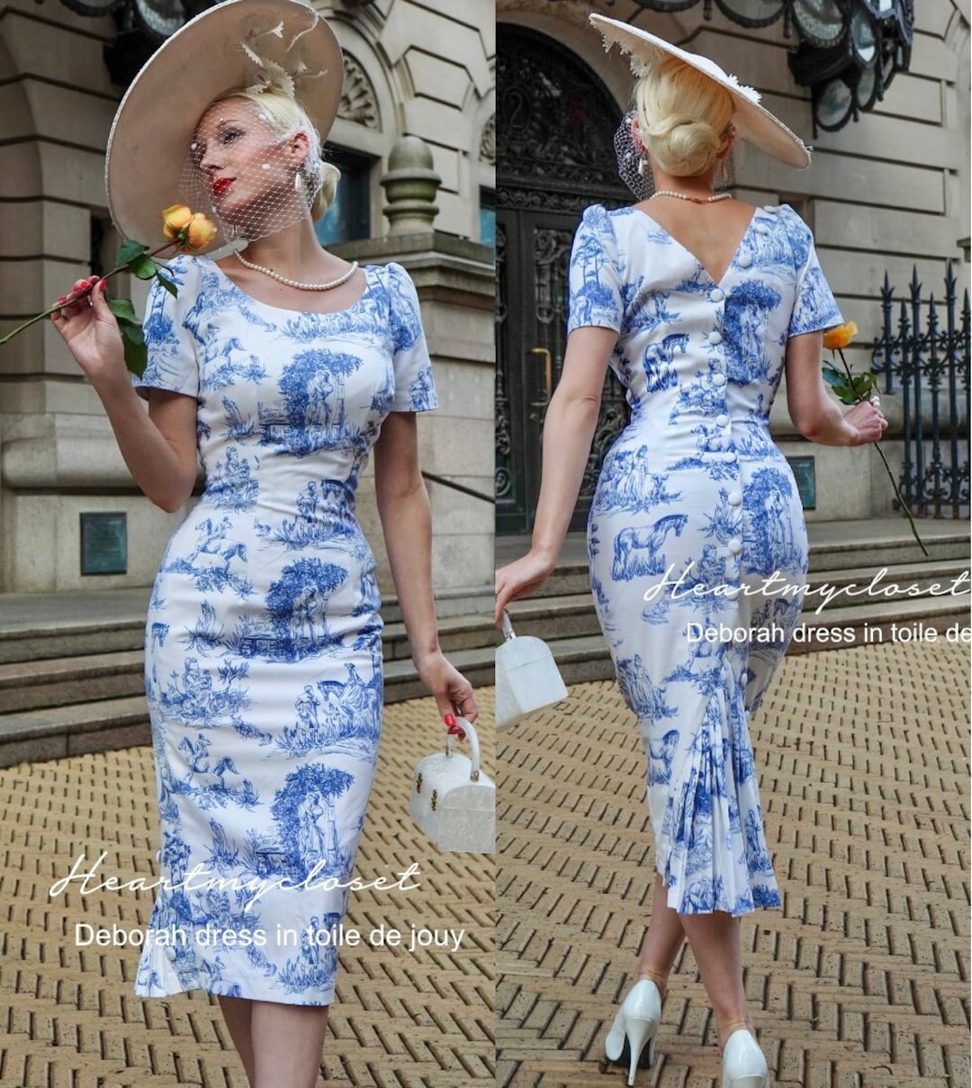 Toile De Jouy Deborah Pencil Pleated Button Back- Vintage Dress Inspired  Custom Made