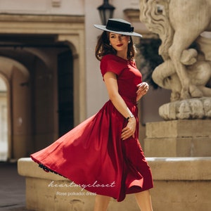 dark RED polkadot Rose pencil dress removable skirt wrap/ custom made all sizes 40s 50s image 5